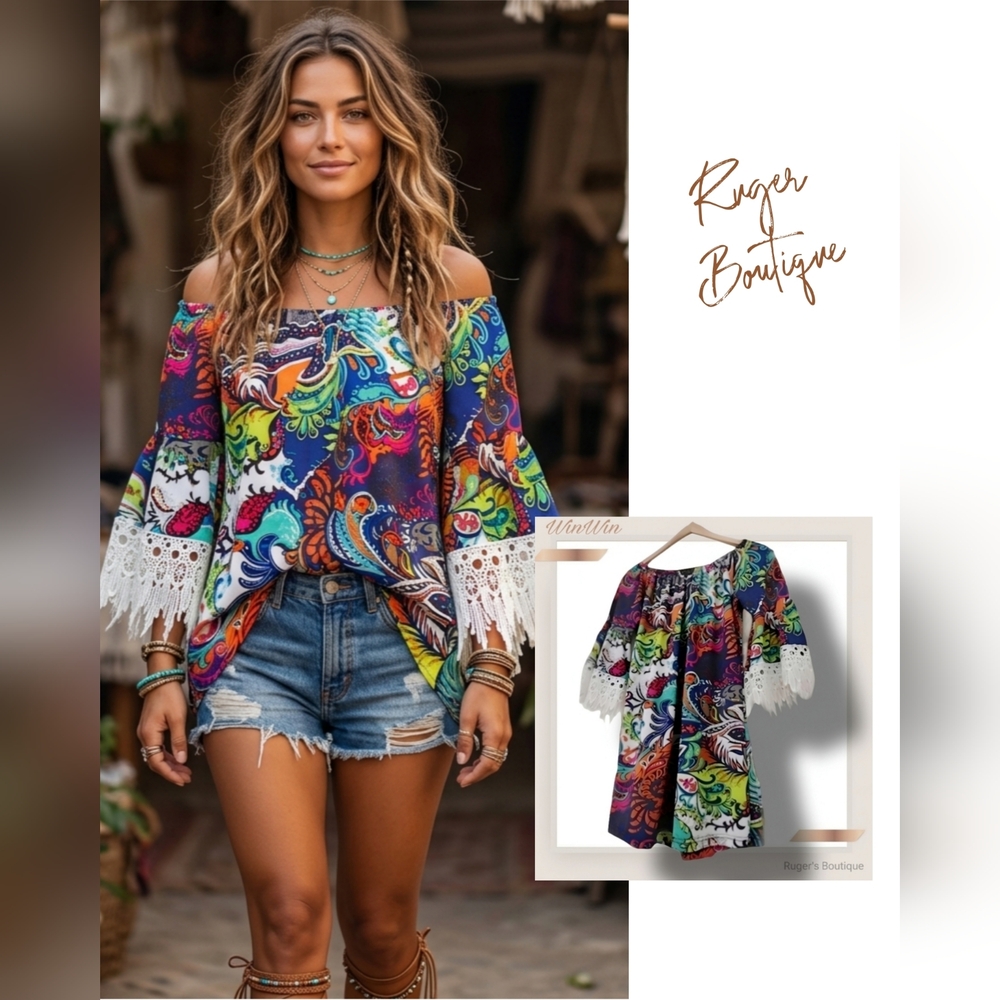 🌿WinWin Womens Medium Neon Paisley Lace Tunic Boho Peasant Festival Mini Dress